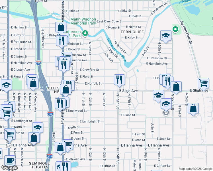 map of restaurants, bars, coffee shops, grocery stores, and more near 1308 East Sligh Avenue in Tampa