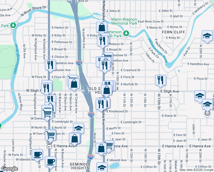 map of restaurants, bars, coffee shops, grocery stores, and more near 912 East Sligh Avenue in Tampa
