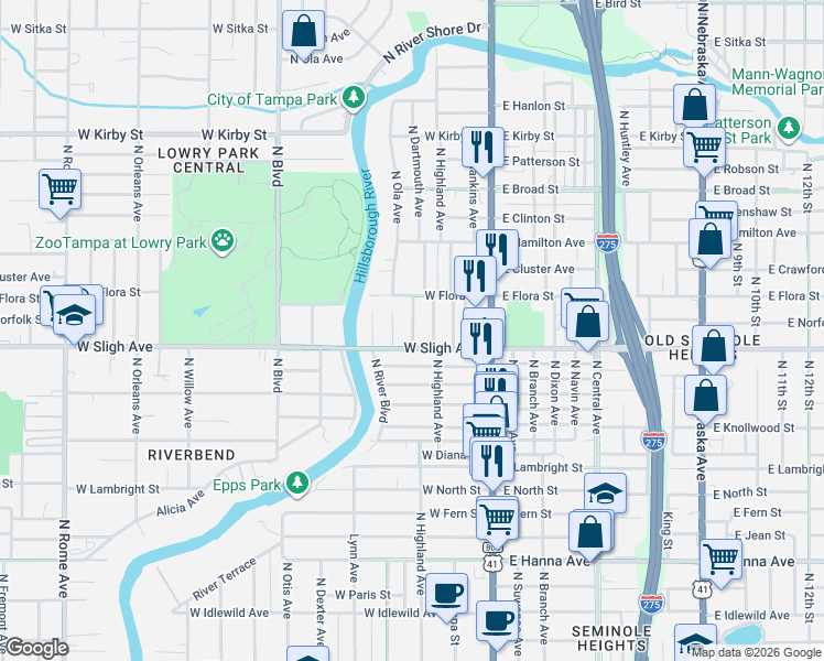 map of restaurants, bars, coffee shops, grocery stores, and more near 6903 North Lynn Avenue in Tampa