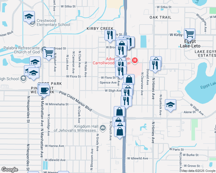 map of restaurants, bars, coffee shops, grocery stores, and more near 3905 West Sligh Avenue in Tampa