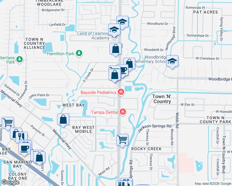 map of restaurants, bars, coffee shops, grocery stores, and more near 8803 Southbay Dr in Tampa