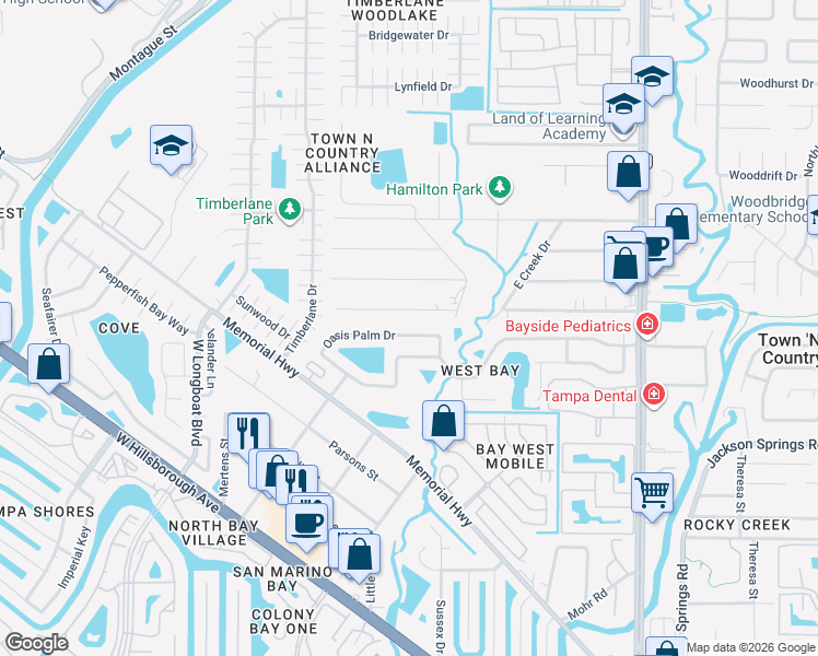 map of restaurants, bars, coffee shops, grocery stores, and more near 10255 Oasis Palm Drive in Tampa