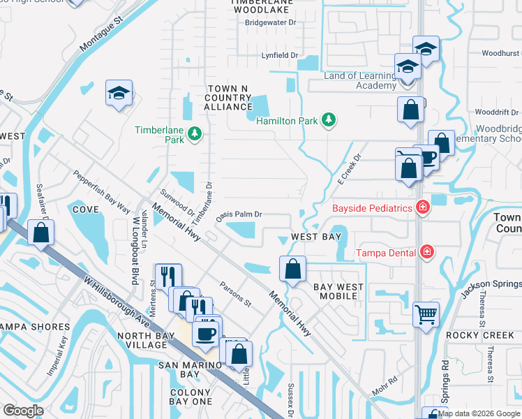 map of restaurants, bars, coffee shops, grocery stores, and more near 10255 Oasis Palm Drive in Tampa