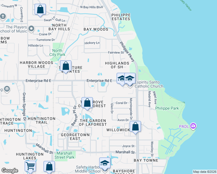map of restaurants, bars, coffee shops, grocery stores, and more near 2430 Dana Drive in Safety Harbor
