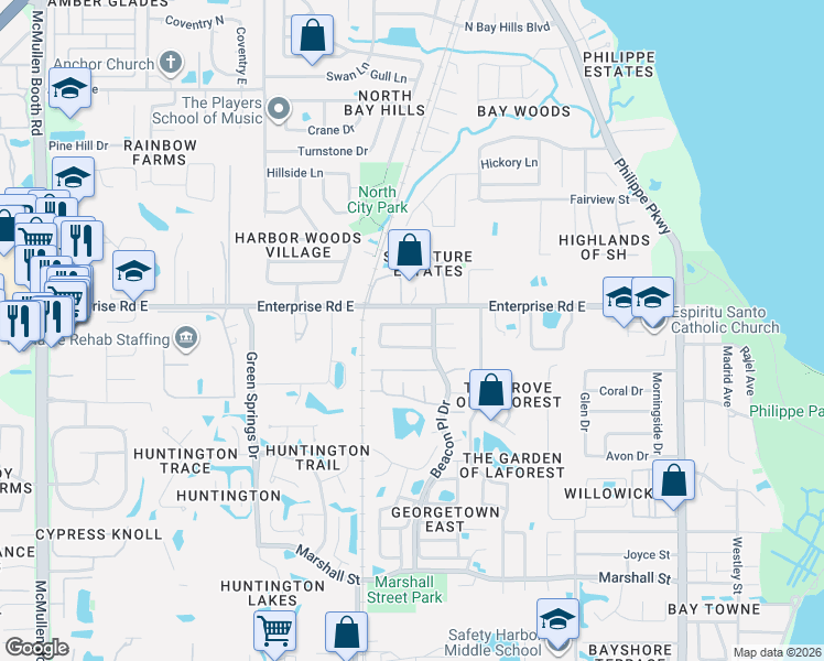 map of restaurants, bars, coffee shops, grocery stores, and more near 617 Fayette Drive West in Safety Harbor