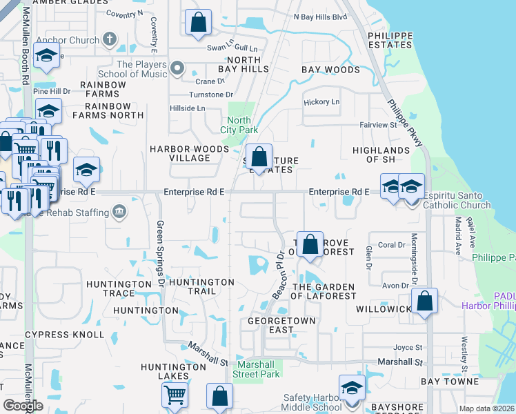 map of restaurants, bars, coffee shops, grocery stores, and more near 617 Fayette Drive West in Safety Harbor