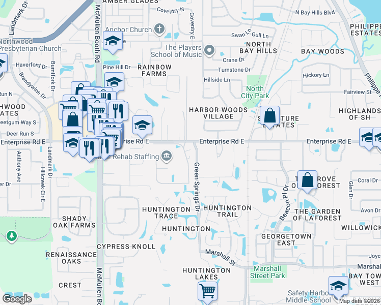 map of restaurants, bars, coffee shops, grocery stores, and more near 2415 Huntington Boulevard in Safety Harbor