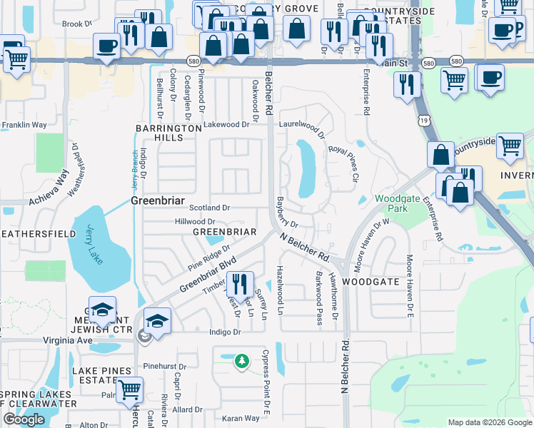 map of restaurants, bars, coffee shops, grocery stores, and more near 2175 Pine Ridge Drive in Clearwater