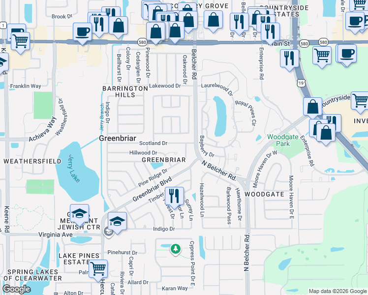 map of restaurants, bars, coffee shops, grocery stores, and more near 2175 Pine Ridge Drive in Clearwater
