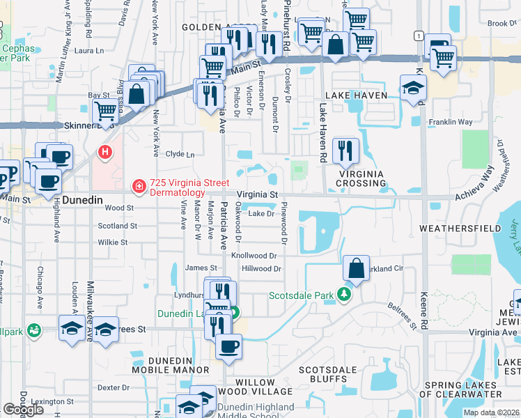 map of restaurants, bars, coffee shops, grocery stores, and more near 959 Lake Drive in Dunedin