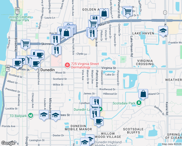 map of restaurants, bars, coffee shops, grocery stores, and more near 751 Marjon Avenue in Dunedin