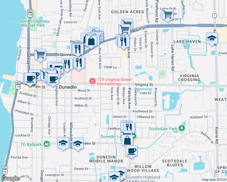 map of restaurants, bars, coffee shops, grocery stores, and more near 732 Manor Drive West in Dunedin