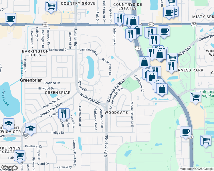 map of restaurants, bars, coffee shops, grocery stores, and more near 2504 Alexander Place in Clearwater