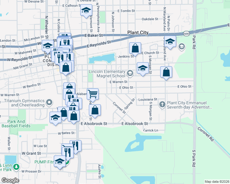 map of restaurants, bars, coffee shops, grocery stores, and more near 603 Spruce Street in Plant City