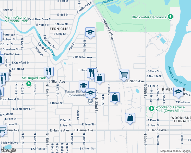 map of restaurants, bars, coffee shops, grocery stores, and more near 6912 North 22nd Street in Tampa