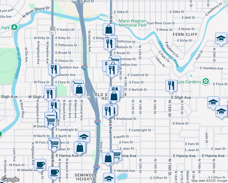 map of restaurants, bars, coffee shops, grocery stores, and more near 912 East Sligh Avenue in Tampa
