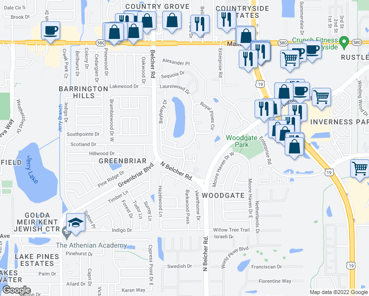 map of restaurants, bars, coffee shops, grocery stores, and more near 2525 Laurelwood Drive in Clearwater