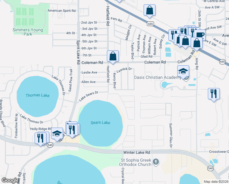 map of restaurants, bars, coffee shops, grocery stores, and more near 156 Manseau Drive in Winter Haven