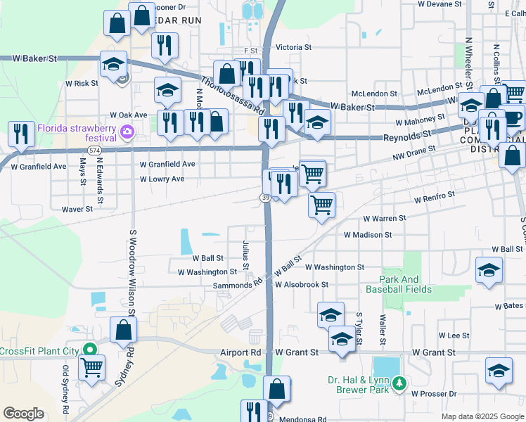 map of restaurants, bars, coffee shops, grocery stores, and more near 205 South Alexander Street in Plant City