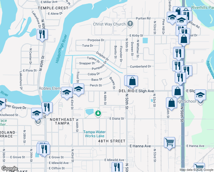 map of restaurants, bars, coffee shops, grocery stores, and more near 4704 East Sligh Avenue in Tampa