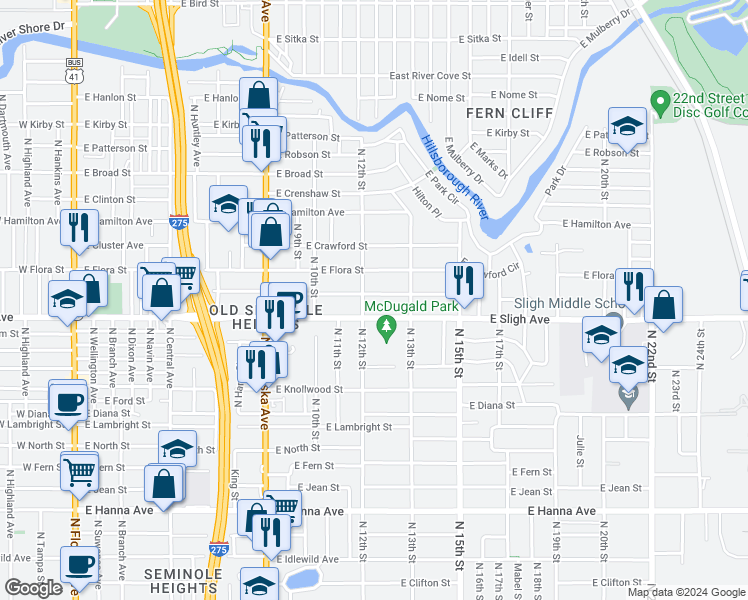 map of restaurants, bars, coffee shops, grocery stores, and more near 1203 East Norfolk Street in Tampa