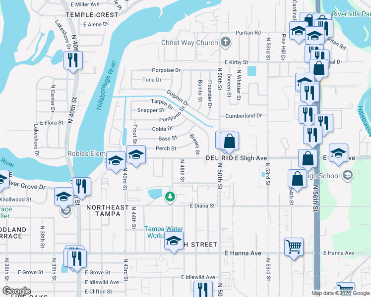 map of restaurants, bars, coffee shops, grocery stores, and more near 4704 East Sligh Avenue in Tampa