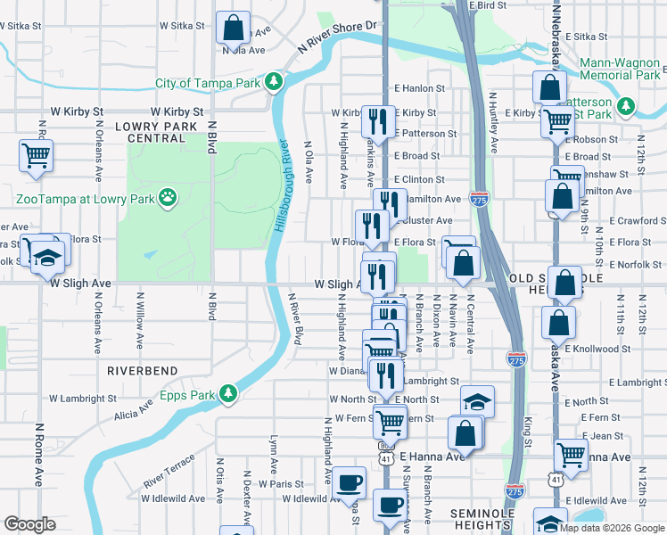 map of restaurants, bars, coffee shops, grocery stores, and more near 6903 North Lynn Avenue in Tampa