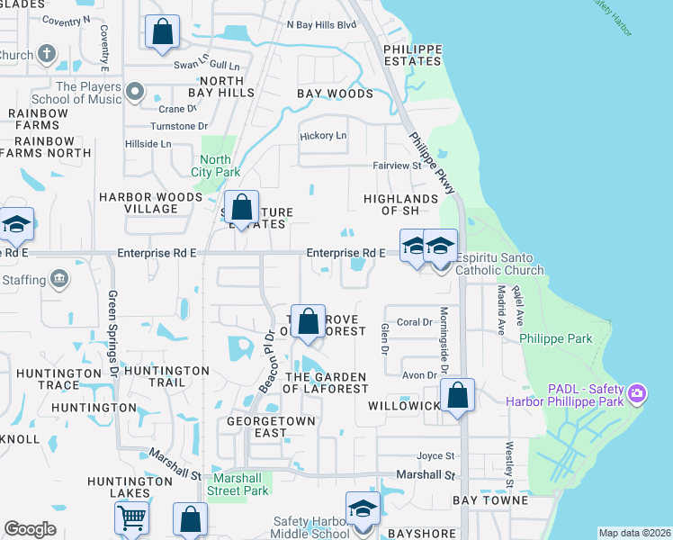 map of restaurants, bars, coffee shops, grocery stores, and more near 3545 Enterprise Road East in Safety Harbor