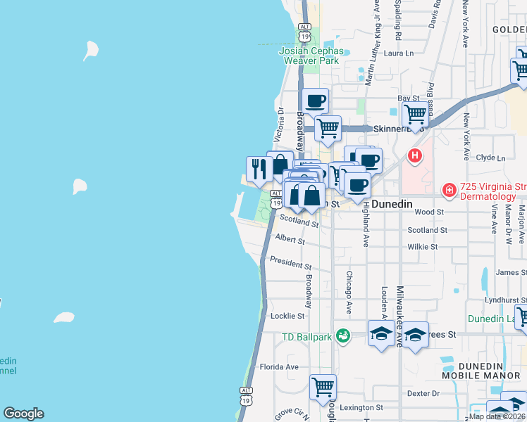 map of restaurants, bars, coffee shops, grocery stores, and more near 51 Main Street in Dunedin