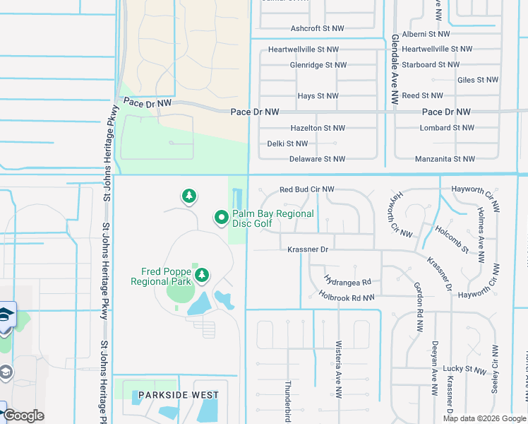 map of restaurants, bars, coffee shops, grocery stores, and more near 1883 Red Bud Circle Northwest in Palm Bay