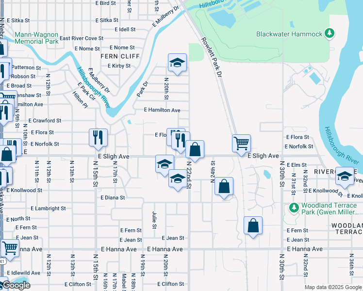 map of restaurants, bars, coffee shops, grocery stores, and more near 6908 Karin Court in Tampa