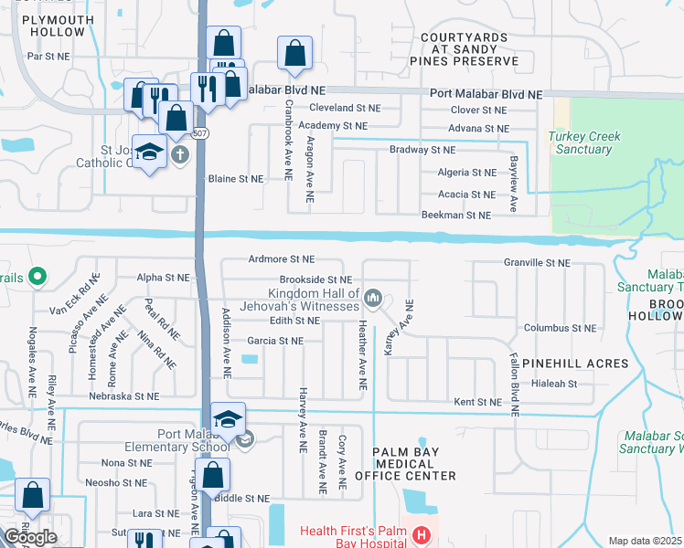 map of restaurants, bars, coffee shops, grocery stores, and more near 506 June Avenue Northeast in Palm Bay