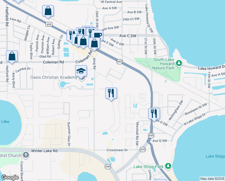 map of restaurants, bars, coffee shops, grocery stores, and more near 1818 Wallace Manor Loop in Winter Haven