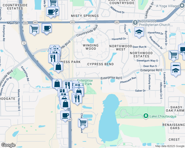 map of restaurants, bars, coffee shops, grocery stores, and more near 2690 Enterprise Road East in Clearwater