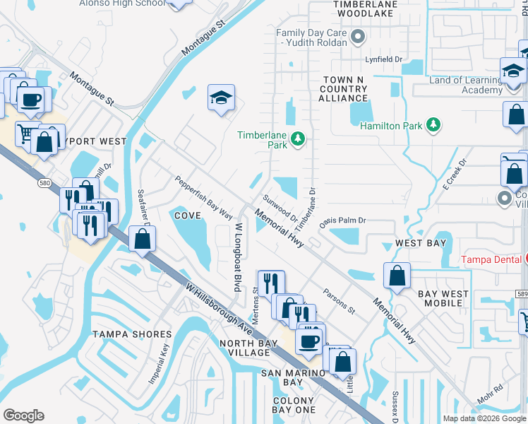 map of restaurants, bars, coffee shops, grocery stores, and more near 6702 Glen Forest Court in Tampa