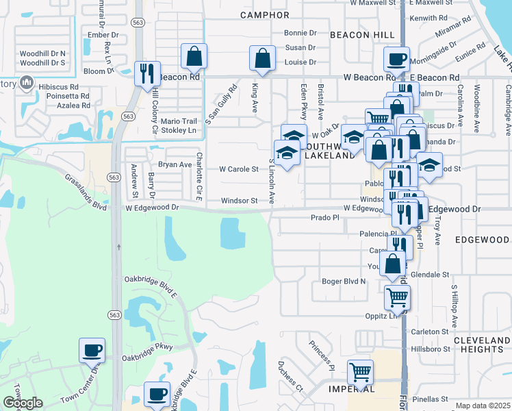 map of restaurants, bars, coffee shops, grocery stores, and more near 808 Windsor Street in Lakeland