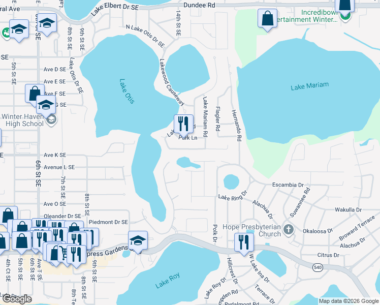 map of restaurants, bars, coffee shops, grocery stores, and more near 1160 Interlochen Boulevard in Winter Haven