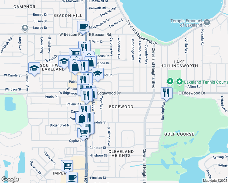 map of restaurants, bars, coffee shops, grocery stores, and more near 509 East Edgewood Drive in Lakeland