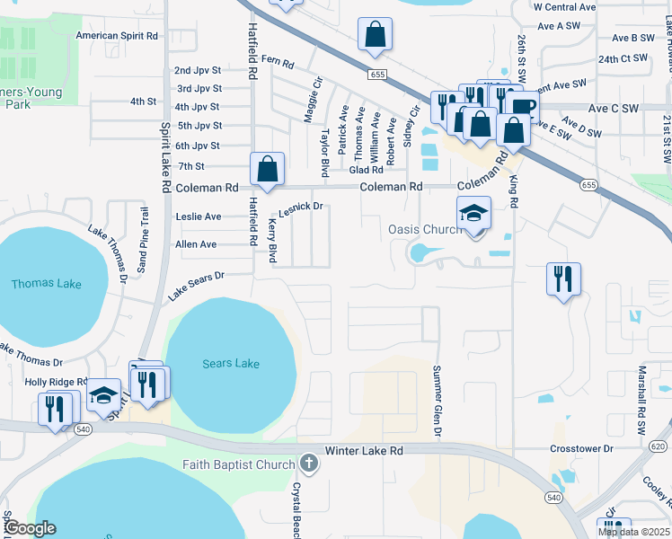 map of restaurants, bars, coffee shops, grocery stores, and more near 830 Cinnamon Drive East in Winter Haven