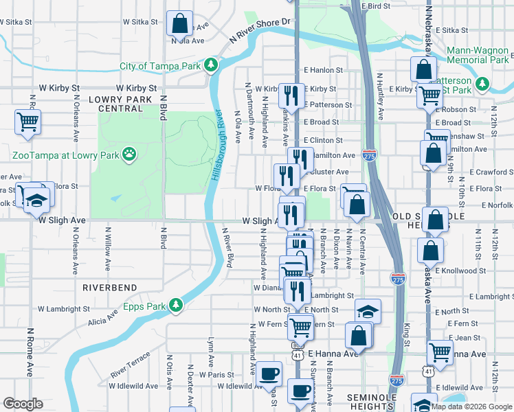 map of restaurants, bars, coffee shops, grocery stores, and more near 6903 North Lynn Avenue in Tampa