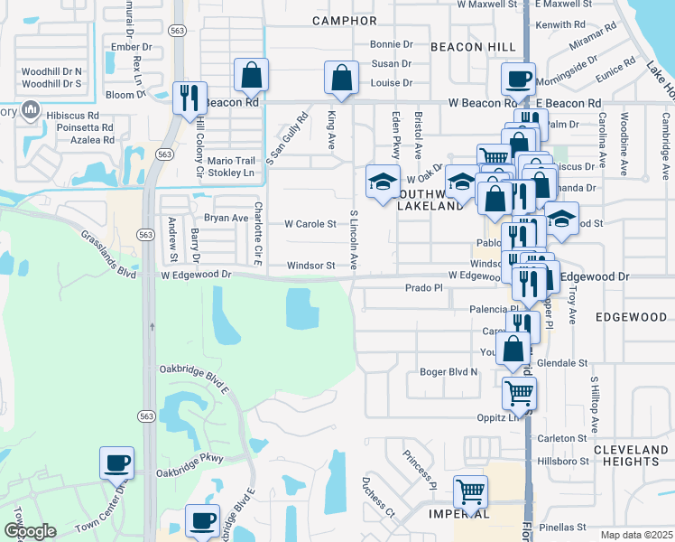 map of restaurants, bars, coffee shops, grocery stores, and more near 808 Windsor Street in Lakeland