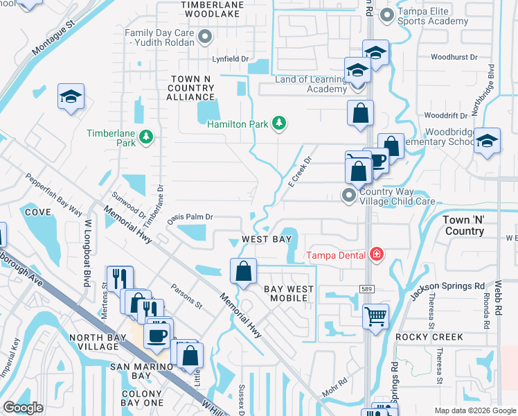 map of restaurants, bars, coffee shops, grocery stores, and more near 6801 West Creek Drive in Tampa