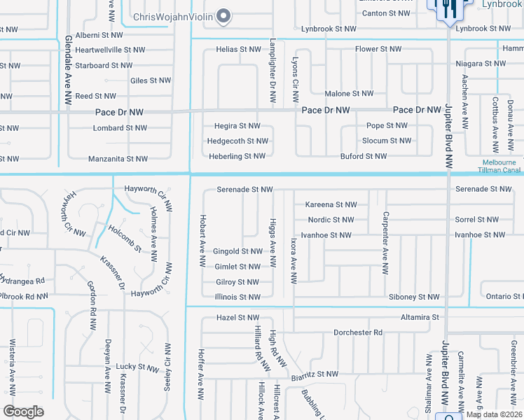 map of restaurants, bars, coffee shops, grocery stores, and more near 550 Higgs Avenue Northwest in Palm Bay