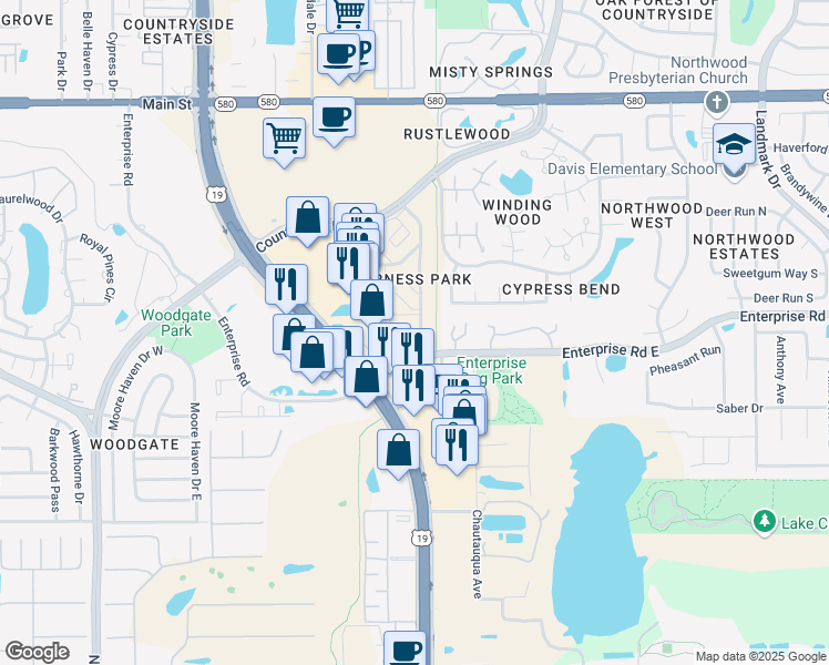 map of restaurants, bars, coffee shops, grocery stores, and more near 2599 Countryside Boulevard in Clearwater