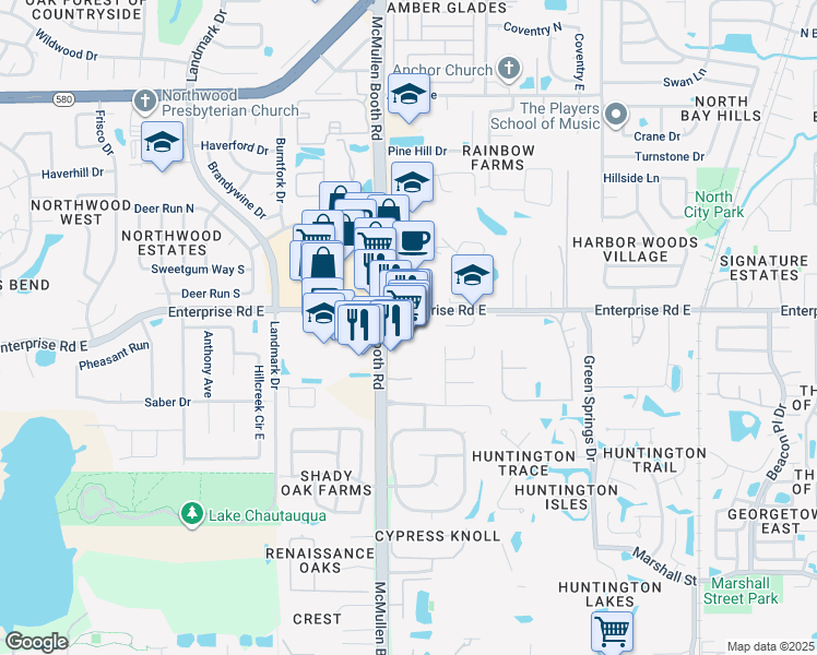 map of restaurants, bars, coffee shops, grocery stores, and more near 2454 N McMullen Booth Road in Clearwater