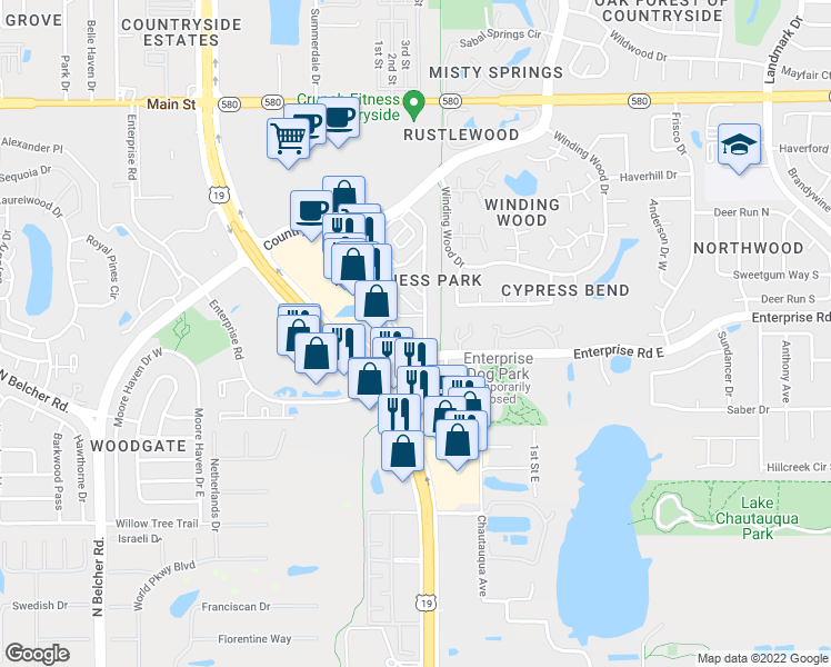 map of restaurants, bars, coffee shops, grocery stores, and more near 2599 Countryside Boulevard in Clearwater
