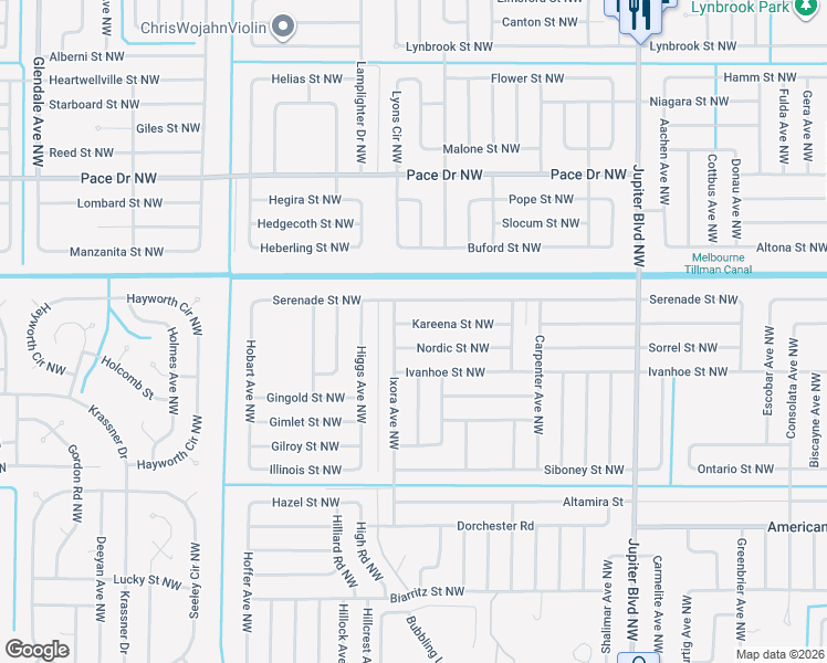 map of restaurants, bars, coffee shops, grocery stores, and more near 1197 Nordic Street Northwest in Palm Bay