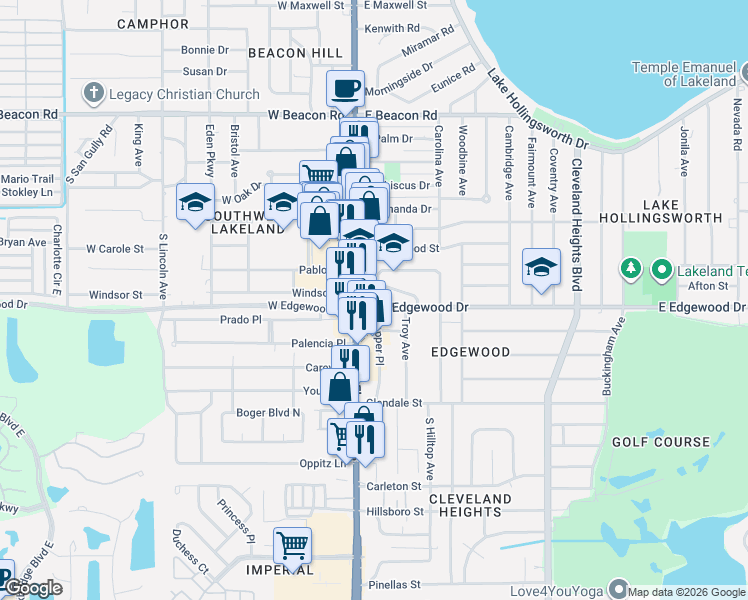 map of restaurants, bars, coffee shops, grocery stores, and more near 130 East Edgewood Drive in Lakeland