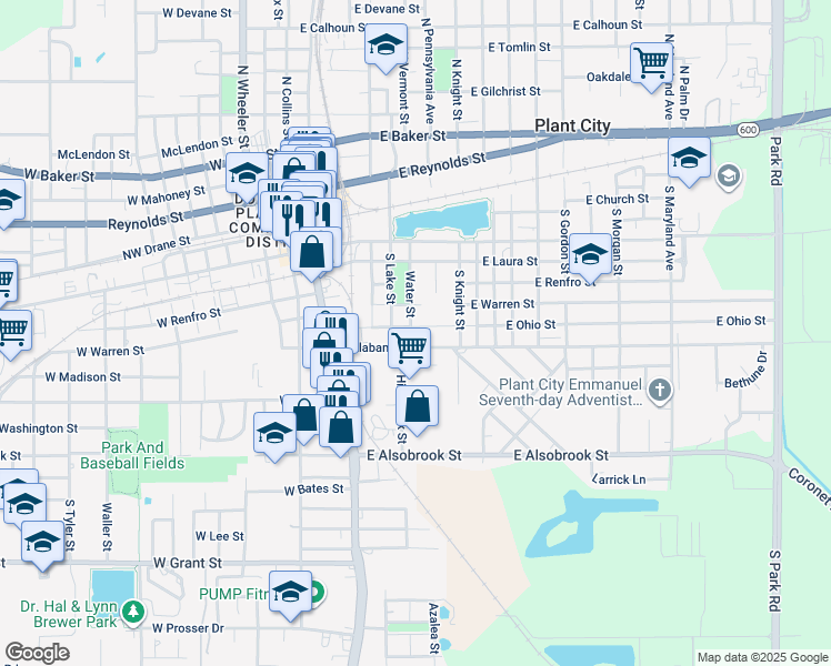 map of restaurants, bars, coffee shops, grocery stores, and more near 705 East Alabama Street in Plant City
