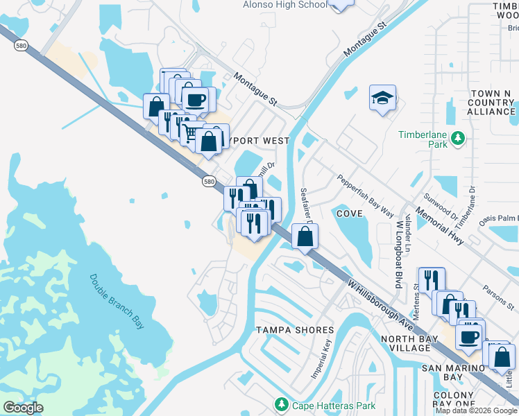 map of restaurants, bars, coffee shops, grocery stores, and more near 11200 West Hillsborough Avenue in Tampa